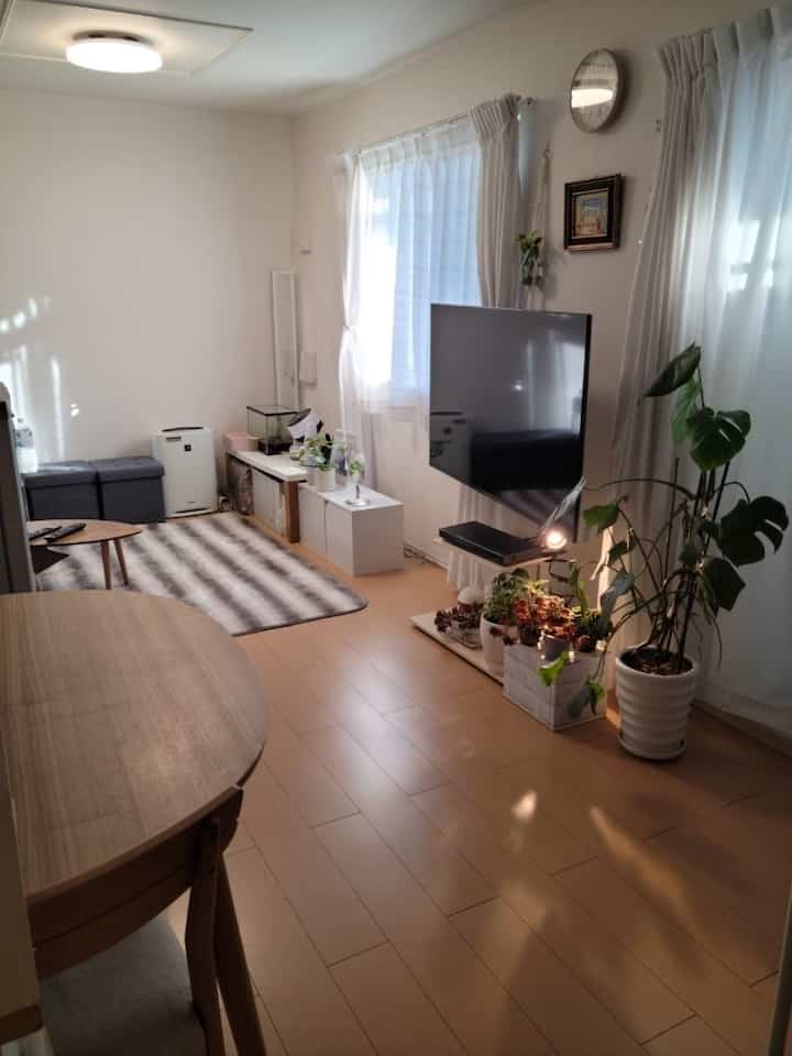 白と茶色の色調のリビングとダイニング、テレビとダイニングテーブル、フロアランプと植物が配置された自然でモダンな印象の空間