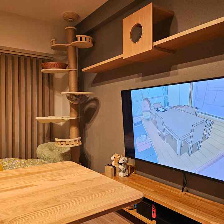 ナチュラルな木目調のリビングダイニング、キャットタワーとテレビ台が配置された雰囲気のあるインテリア