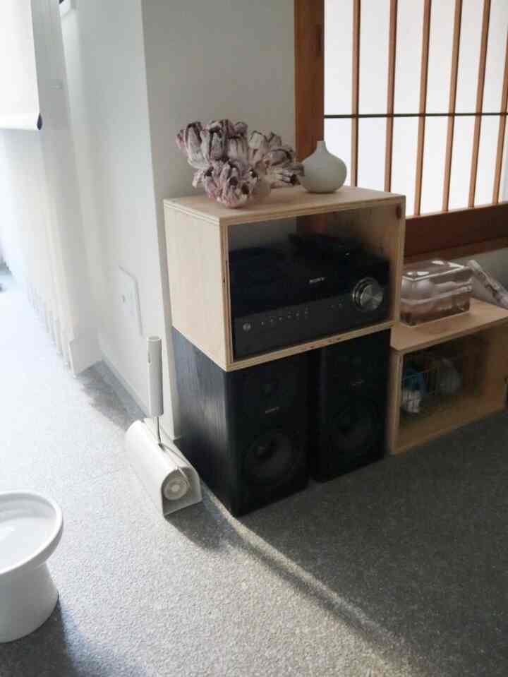 White and natural toned living room featuring simple audio system and pet accessories in a clean setting