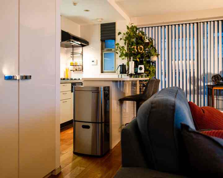 Modern studio apartment in white and brown tones featuring a kitchen counter, stainless steel recycling bin, and gray sofa