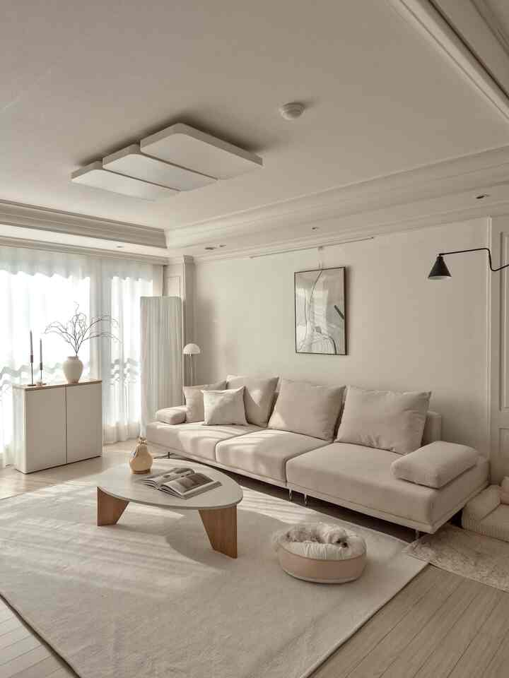Warm beige toned living room featuring large fabric sofa, wooden coffee table, and pet bed for cozy atmosphere