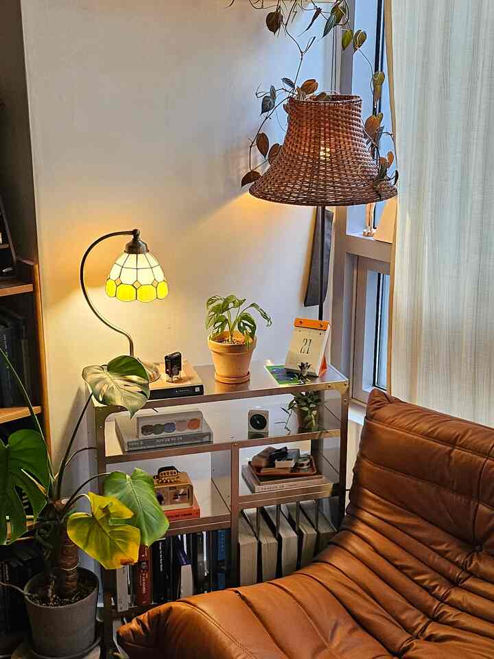 Warm brown-toned small kitchen-adjacent space featuring rack with plants and lighting creating cozy atmosphere