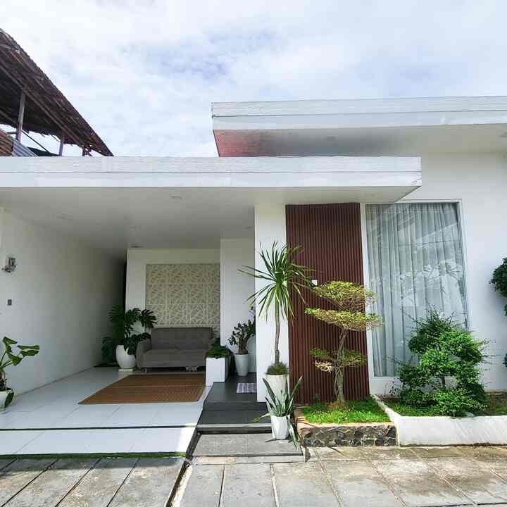 Modern minimal house entrance in white and natural tones featuring a sofa and various plants with a clean facade