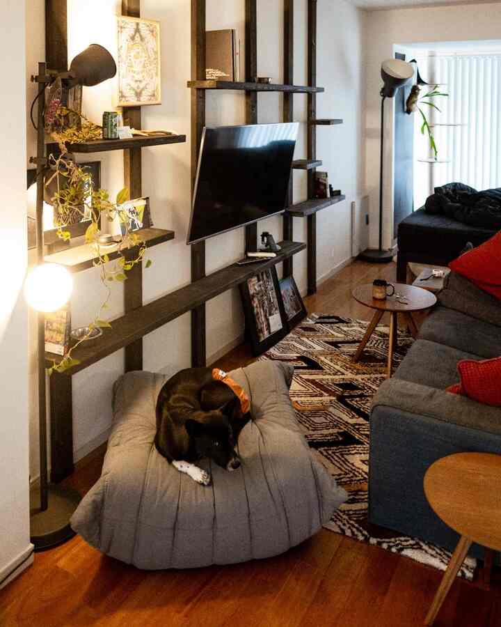 Natural-toned living room with brown wood floor, gray sofa and ottoman, cozy and pet-friendly space with compact layout