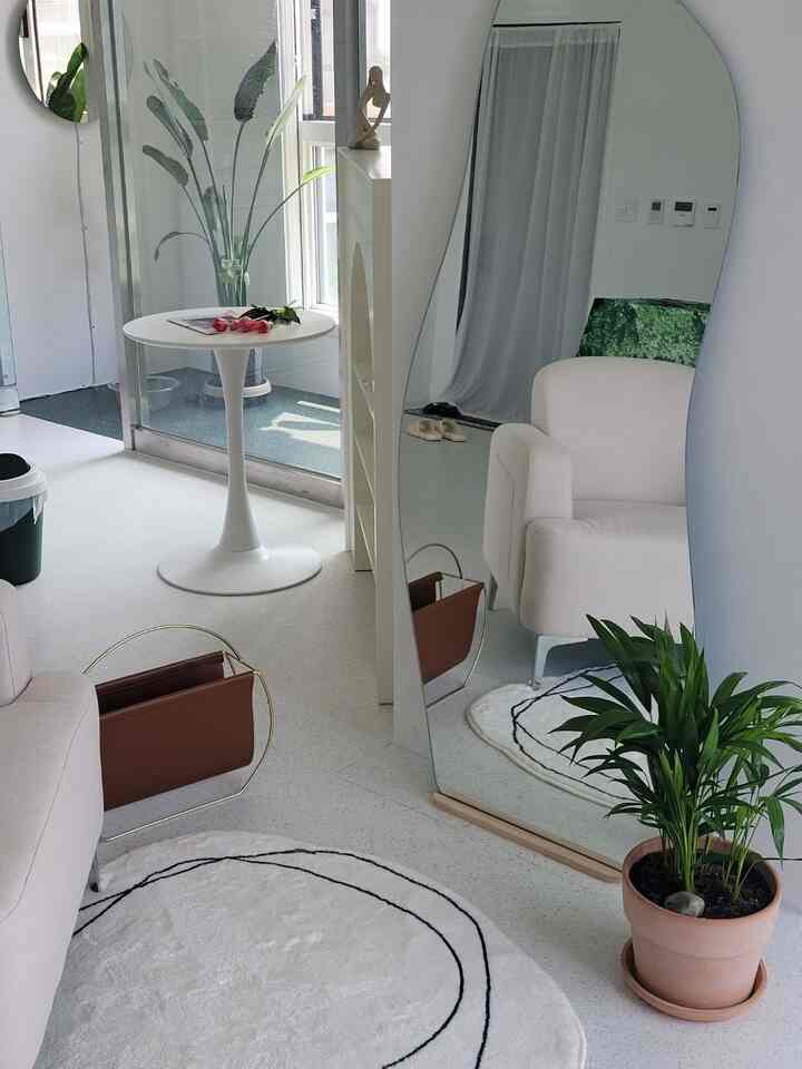White and natural toned studio living room with simple sofa, round table, large irregular mirror, and plants creating a cozy clean space