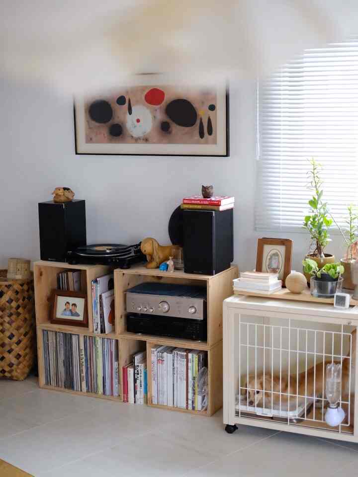 Natural color toned audio corner featuring wooden record racks and a pet house with a dog, creating a warm atmosphere
