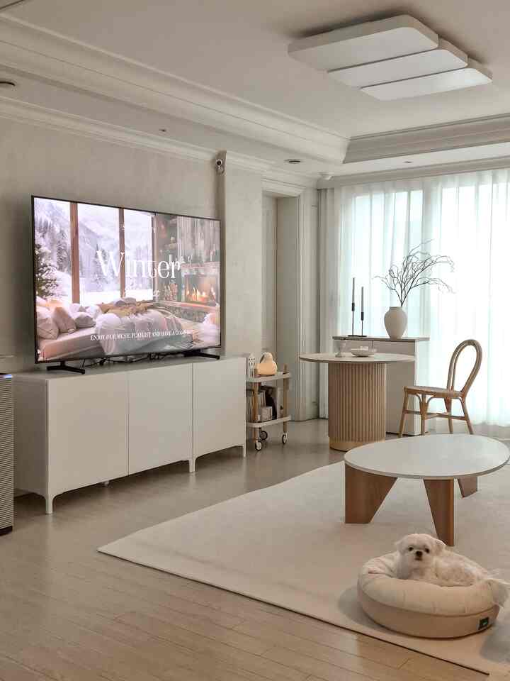 白と木目調の調和が取れたモダンでシンプルなリビング、ペットベッドと丸テーブルが配置された明るい空間