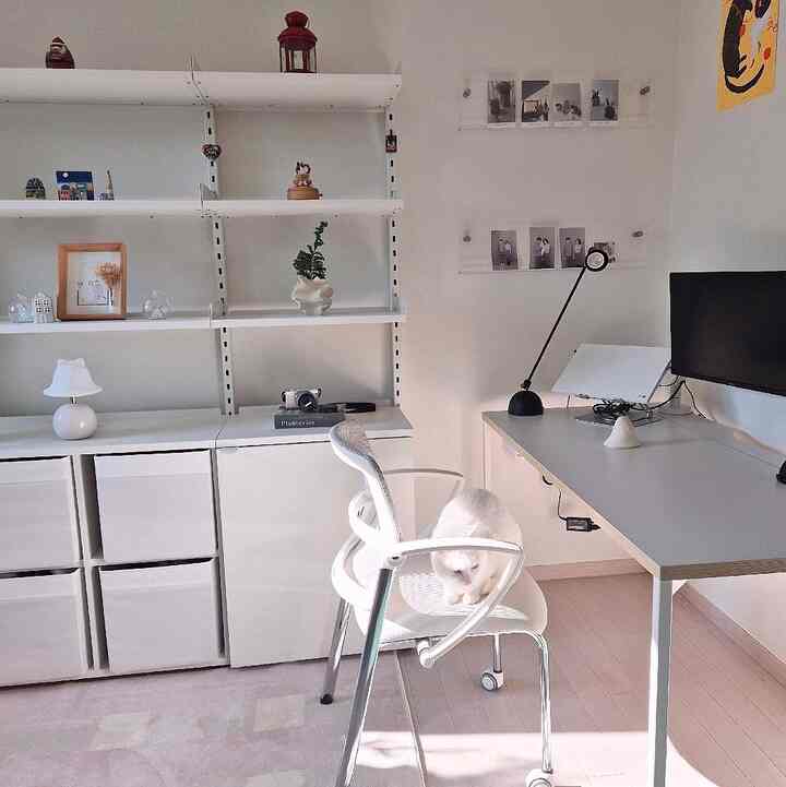 ホワイトとナチュラルカラーが調和した小さなホームオフィス、デスクと本棚が配置され、オフィスチェアの上に猫が座っている雰囲気のあるインテリア