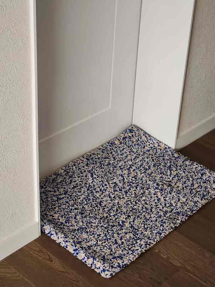 青とベージュのパターンがあるバスマットが玄関床に置かれた、清潔で爽やかな雰囲気のある空間