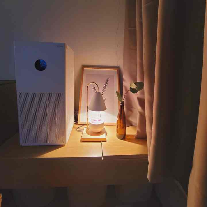 Cozy studio apartment side table in soft brown tones featuring an aroma table lamp and plant