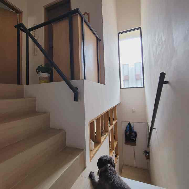 Area tangga jadi tempat nongkrongnya si guguk di rumah. Selain banyak dapat cahaya matahari, karena bukaan jendela yang cukup lebar. Area ini bisa dibilang cukup terang meski tanpa menyalakan lampu. 
#japandi #cat #stairs #rumahminimalis #inspirasirumah #homedecor #rumahsiwa #rumahmungil 