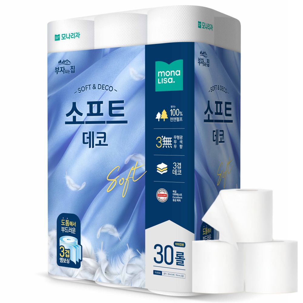 모나리자 천연펄프 프리미엄 화장지 부자되는집 소프트데코 30m 30롤 - 01)소프트데코 프리미엄 화장지 30m 30롤