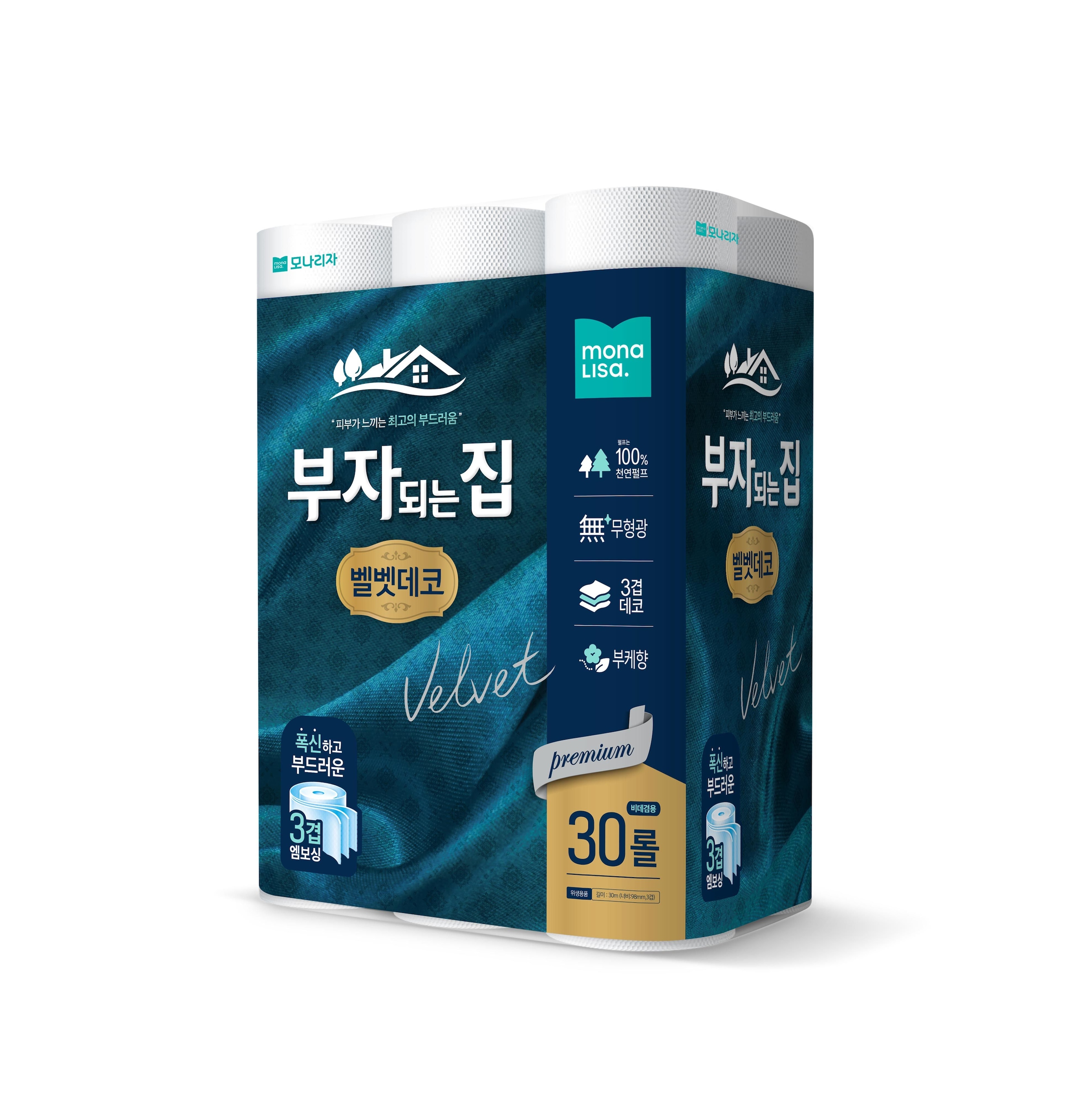 모나리자 천연펄프 프리미엄 화장지 부자되는집 소프트데코 30m 30롤 - 03)벨벳 데코 화장지 30m 30롤