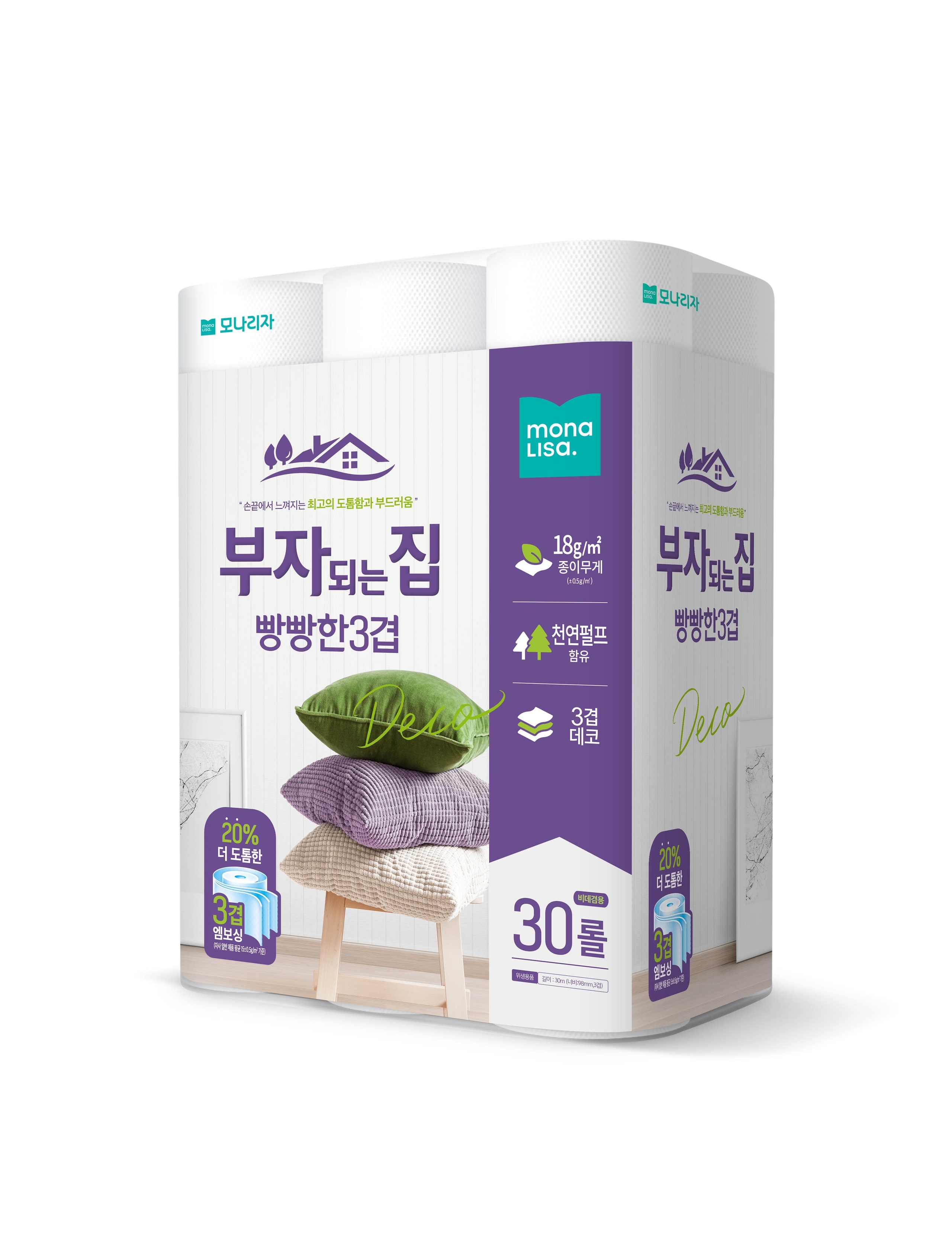 모나리자 천연펄프 프리미엄 화장지 부자되는집 소프트데코 30m 30롤 - 04)빵빵한 3겹 화장지 30m 30롤