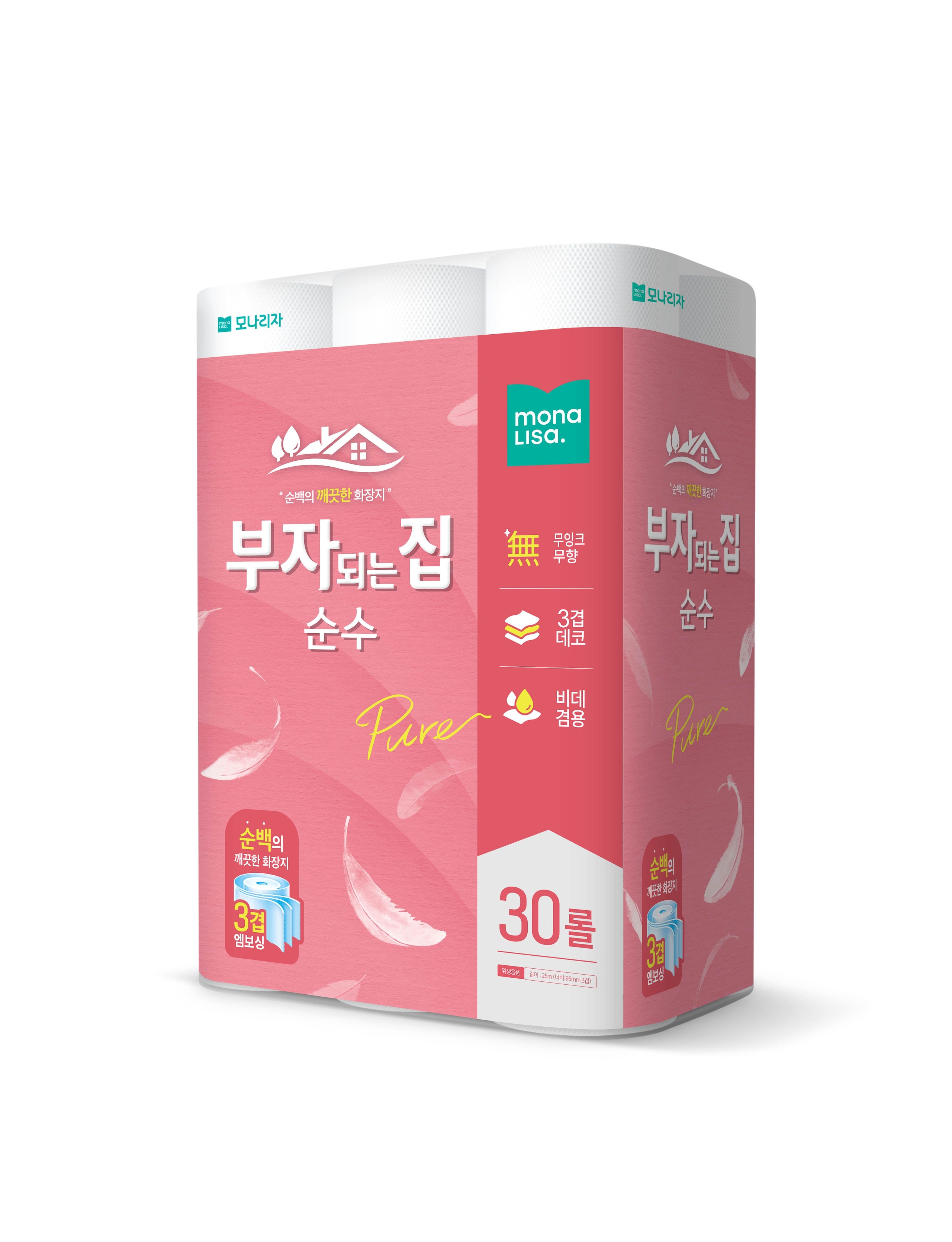 모나리자 천연펄프 프리미엄 화장지 부자되는집 소프트데코 30m 30롤 - 07)순수 화장지 25m 30롤