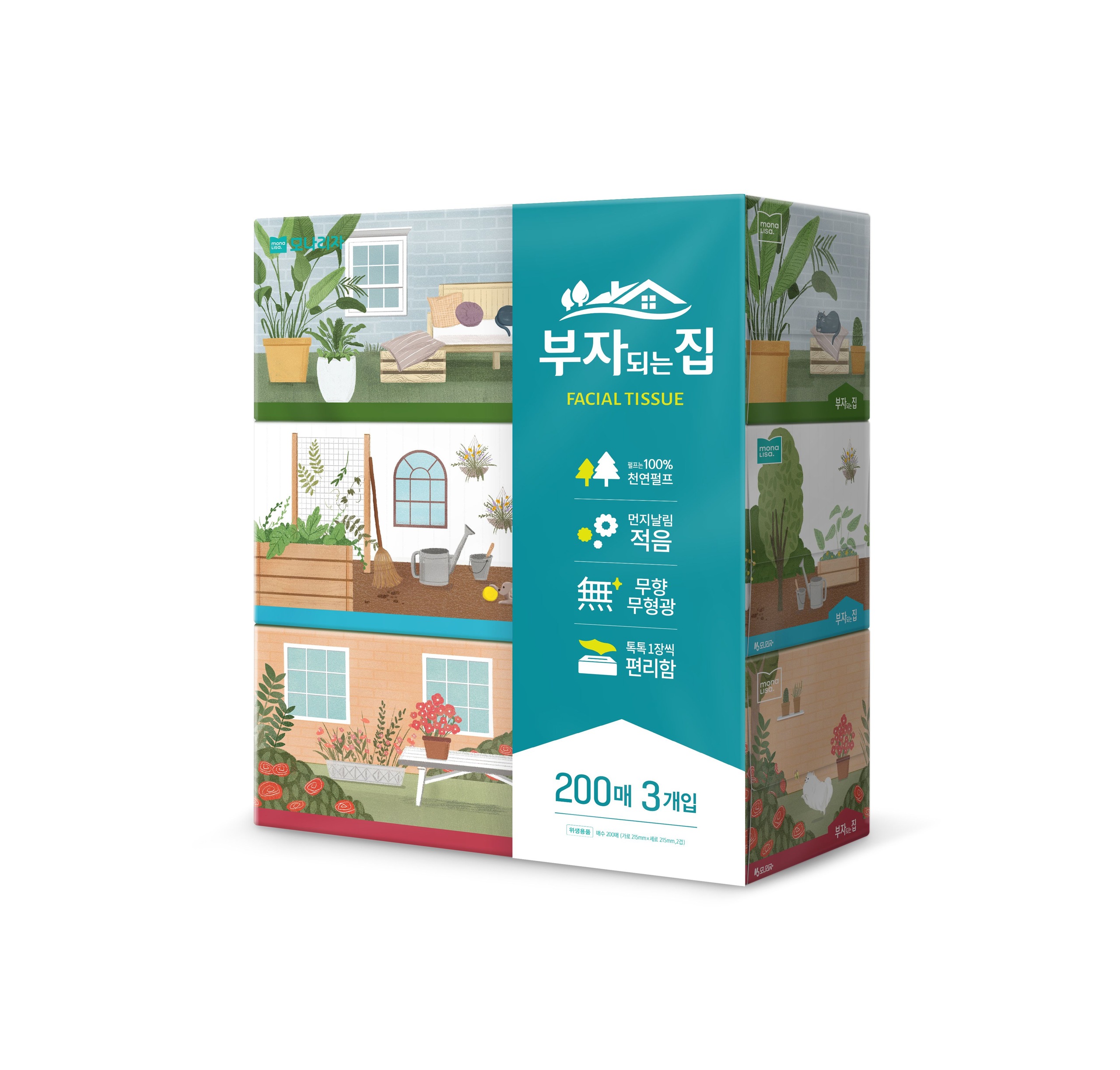 모나리자 천연펄프 프리미엄 화장지 부자되는집 소프트데코 30m 30롤 - 09)각티슈 200매 3세트 2개