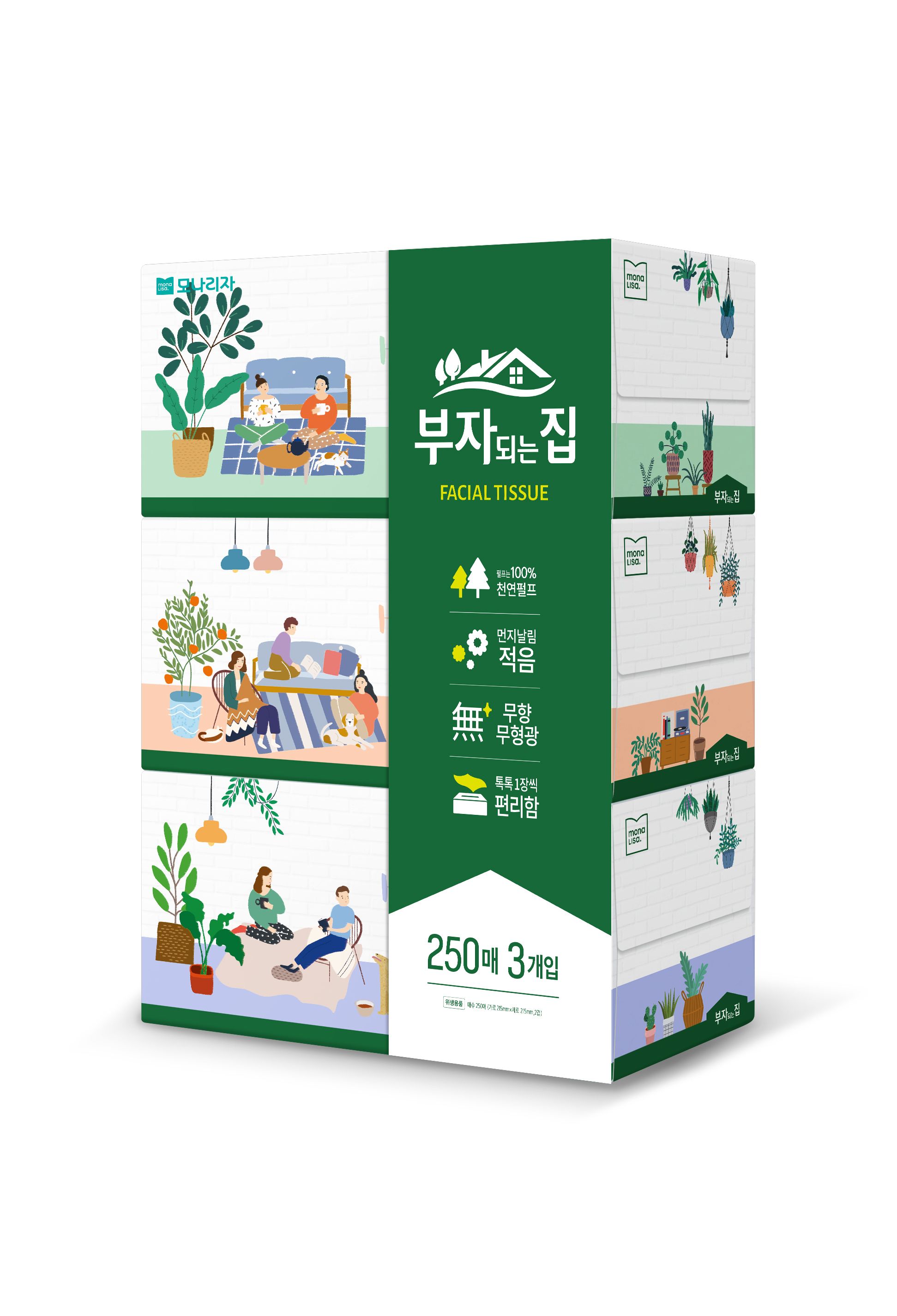 모나리자 천연펄프 프리미엄 화장지 부자되는집 소프트데코 30m 30롤 - 10)각티슈 250매 3세트 2개