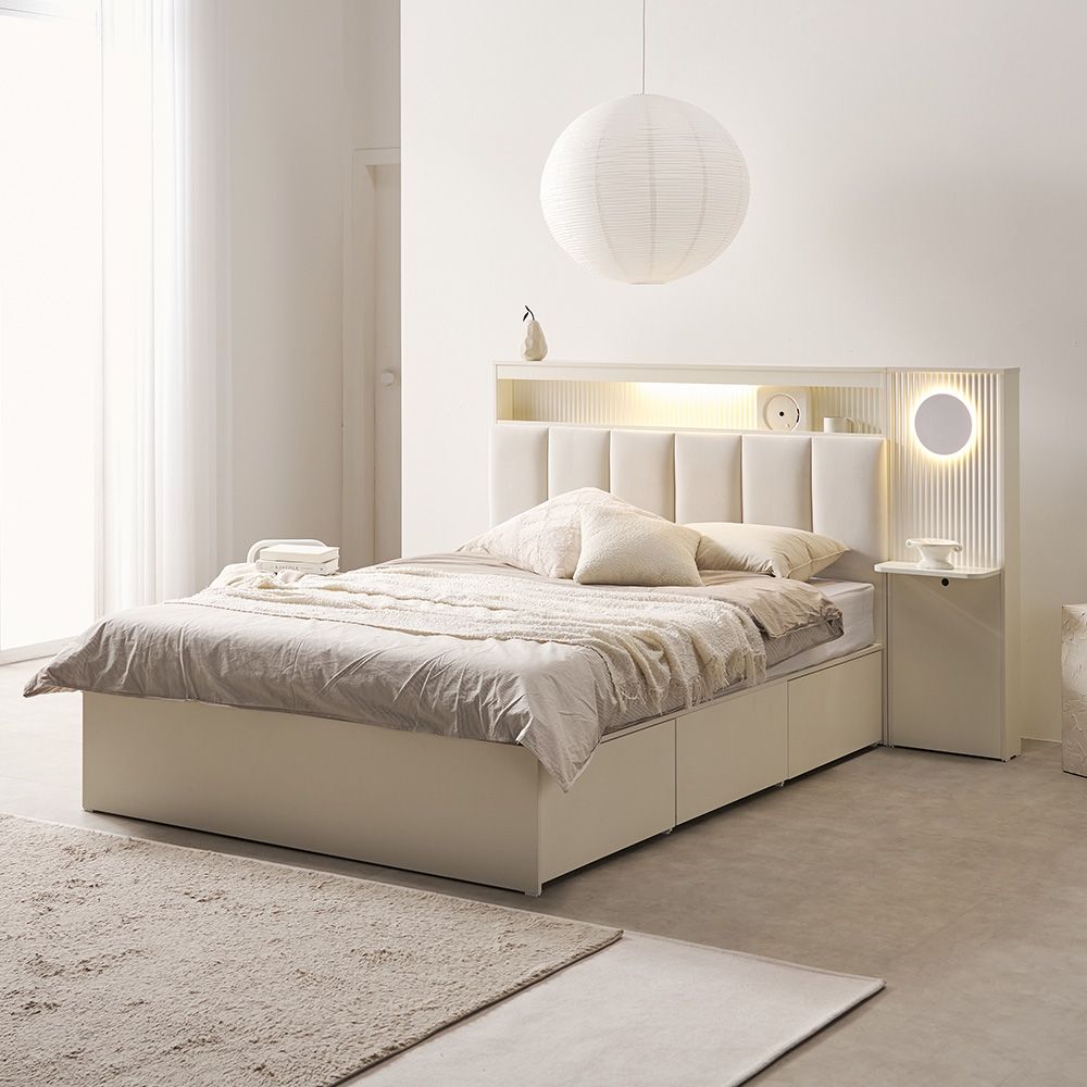 웰퍼니쳐 신상할인/ 엘리오 LED 프리미엄 패브릭 빅수납 볼레일 서랍 호텔 침대 프레임 SS Q - 엘리오 SS 헤드+패널event_밀키 크리스탈