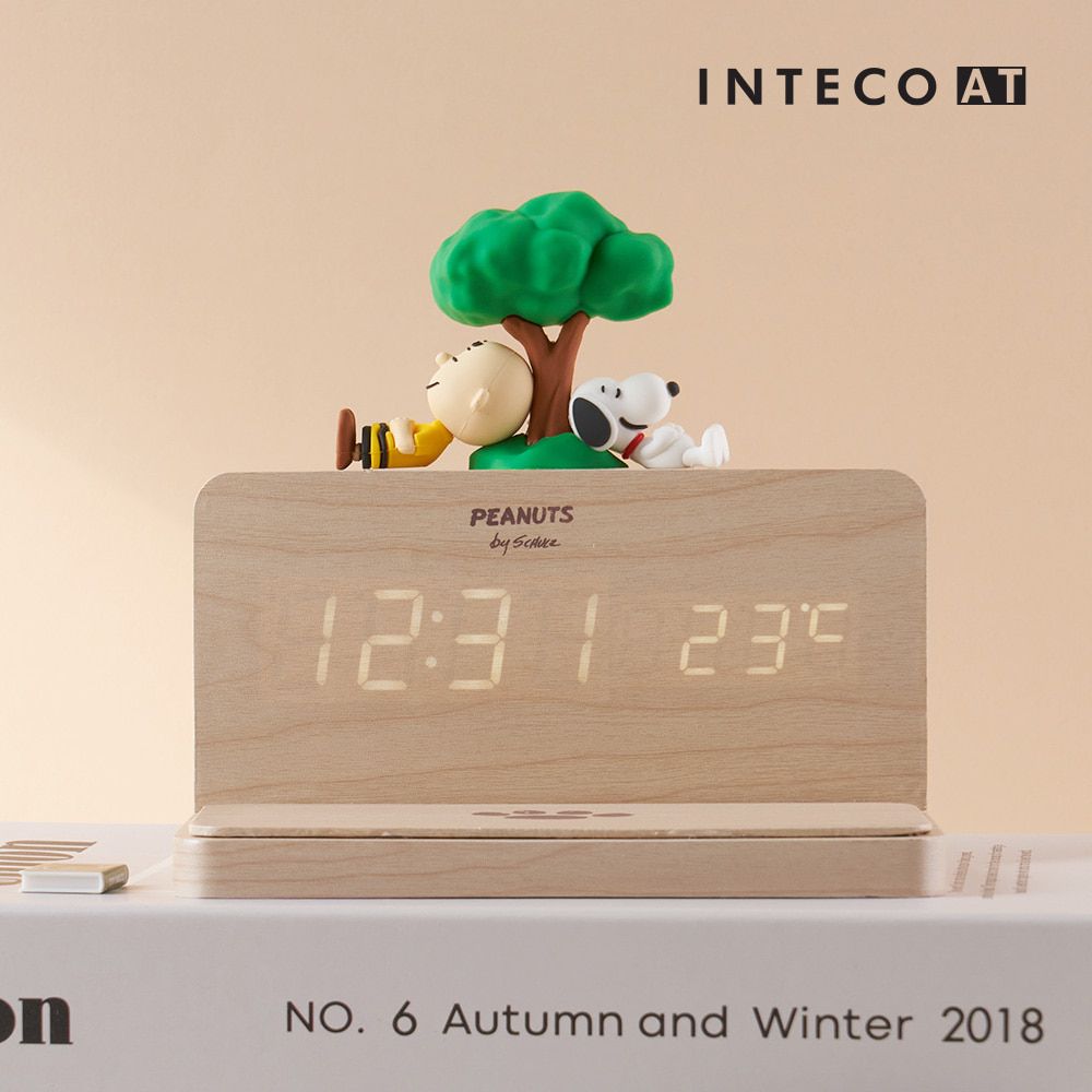 INTECOAT スヌーピー 木製 LED ワイヤレス充電 置き時計（正規