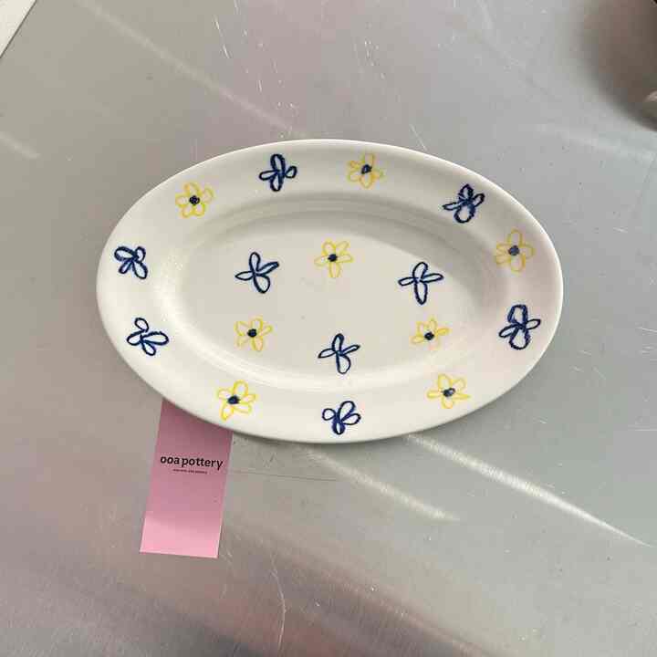 ブルー＆イエロー フラワー 楕円系ボウル