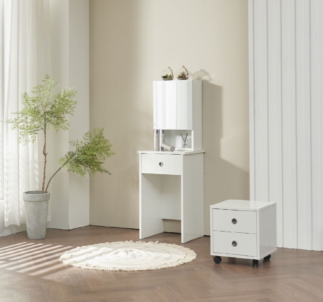 [신상품] 유비아가구 입식 미니 틈새 콘솔 수납 화장대 화이트(의자 세트 구성)