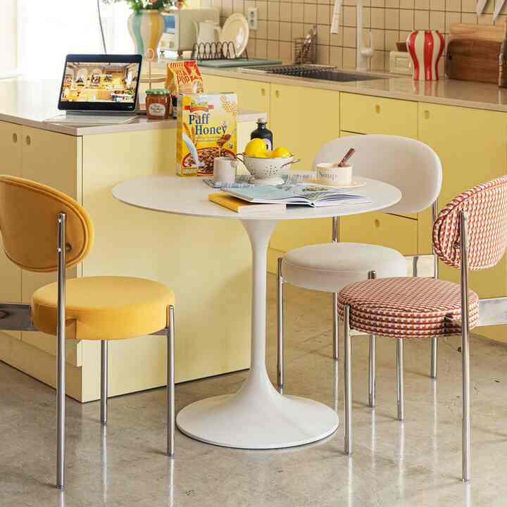 Lucy ホワイト 円形セラミックダイニングテーブル［3サイズ］