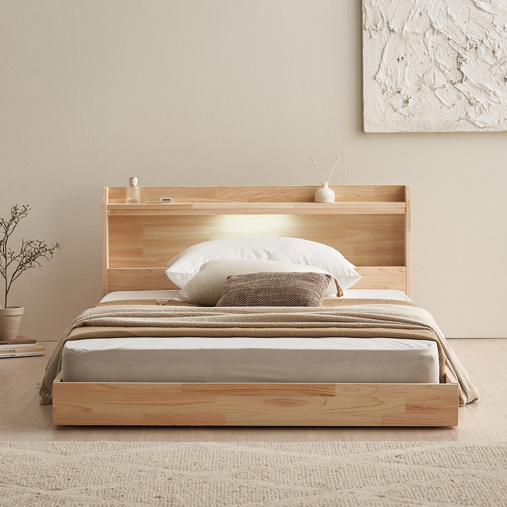 [신상품] 핀란디아 리안 편백나무 원목 LED조명 저상형 침대 프레임 SS / Q