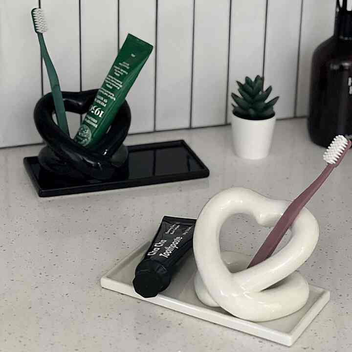 ハート セラミック歯ブラシホルダー＆トレーセット［3色］