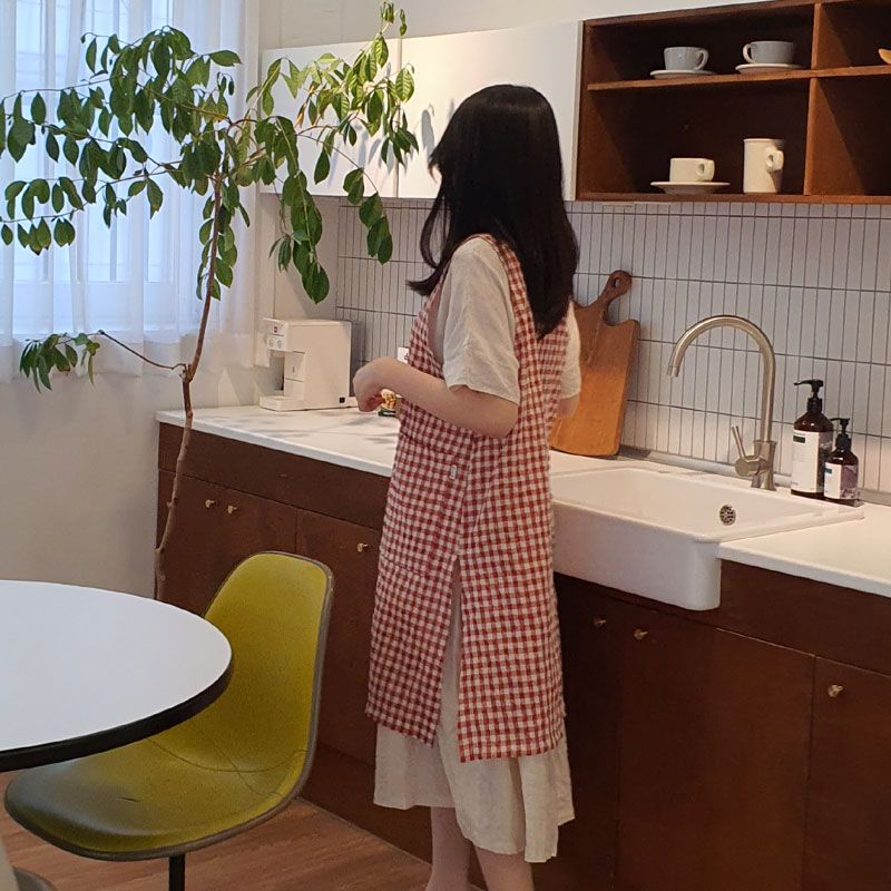 방가지똥앞치마 단추없는 레드체크 리플앞치마