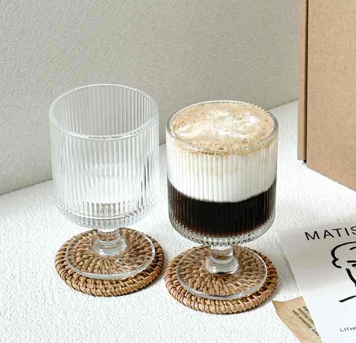 Fluted Goblet Glasses with Rattan Coasters – Set of 2