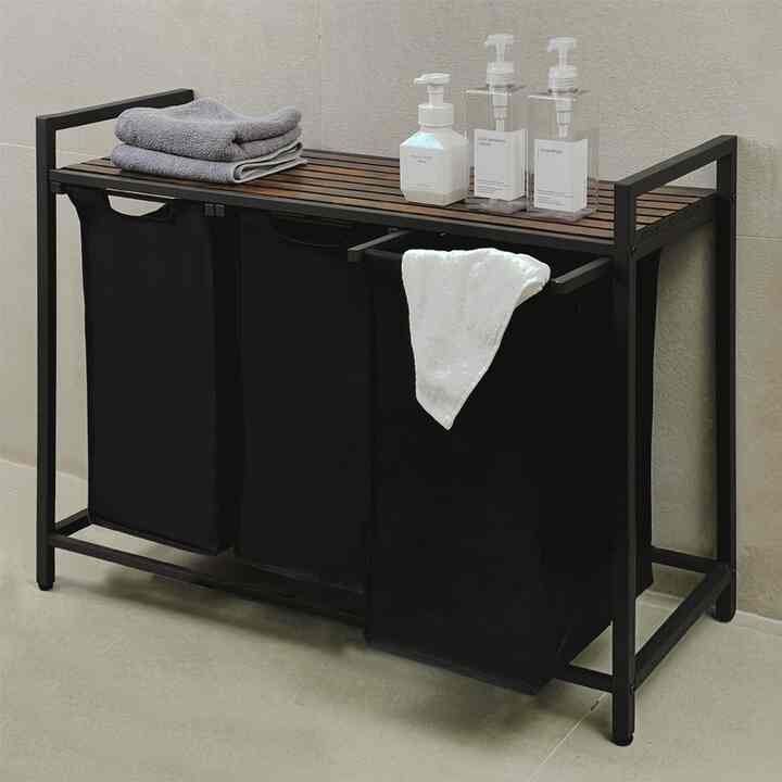 スライド式 スチール ランドリーバスケット 大容量 棚付き［3サイズ］