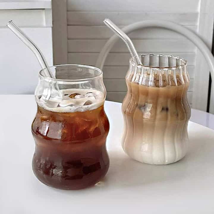 Tebery 4 Pack Ribbed Aesthetic Glass Cups with Glass Straw