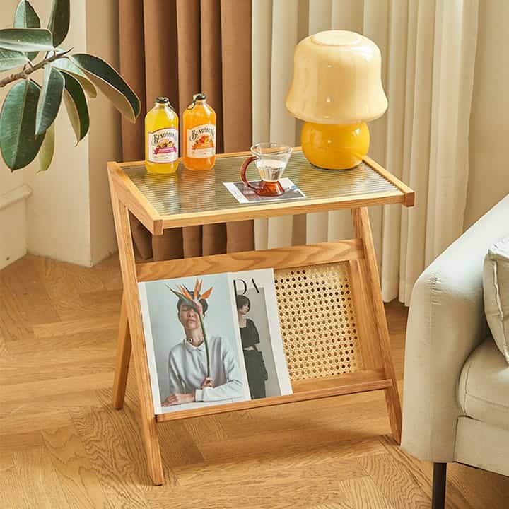Bamboo Rattan Side Table with Magazine Holder