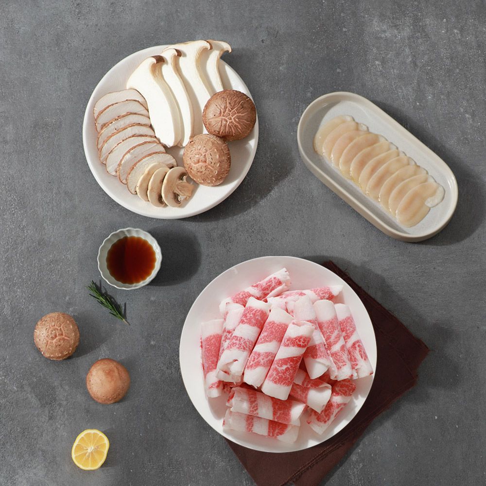 인정식탁 한우 1등급 차돌키조개 삼합세트/차돌+키조개+버섯모듬+참맛소스 2개