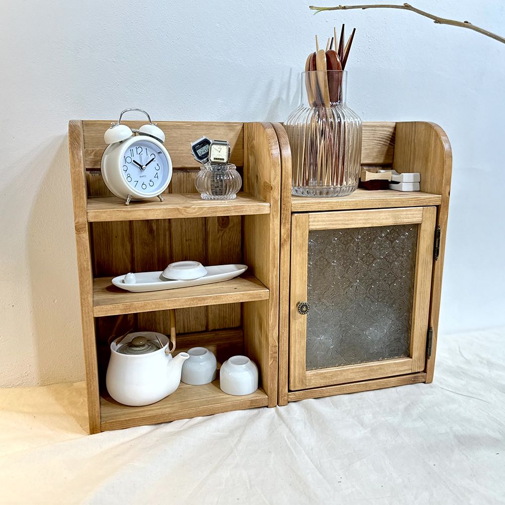 [신상품]45팩토리 유리장 3단장 원목 선반 벽걸이 수납장 소품정리함 빈티지 밤나무색상