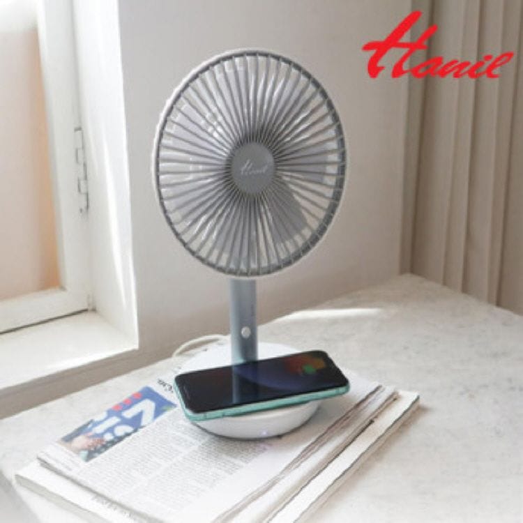 한일전기 무선 선풍기 탁상용 핸디 캠핑 휴대폰무선충전 2in1