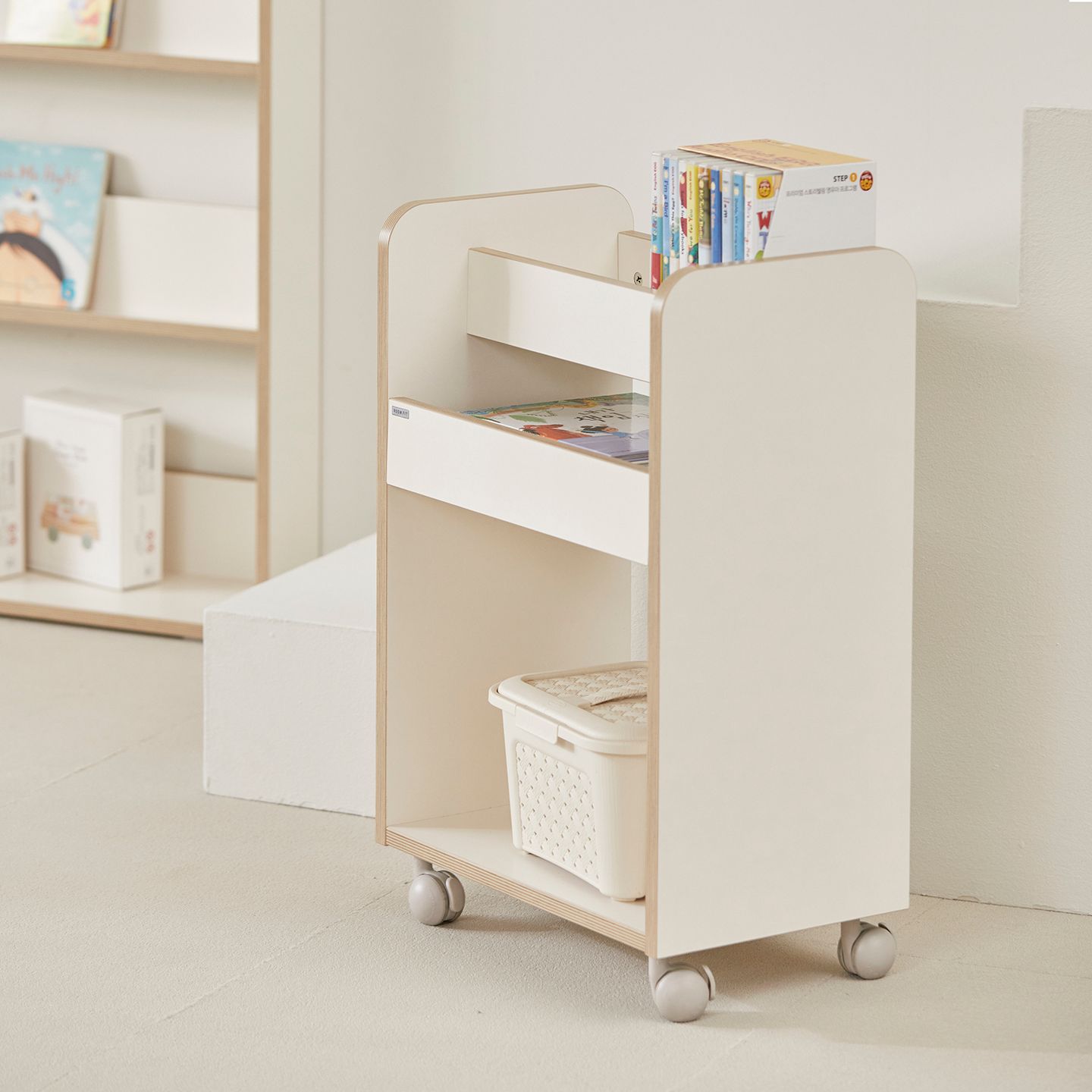 [신상품]룸핏 무아 트롤리 북트롤리 학습 카트 이동식 북카트 아기 책꽂이 미니 전면 책장 선반