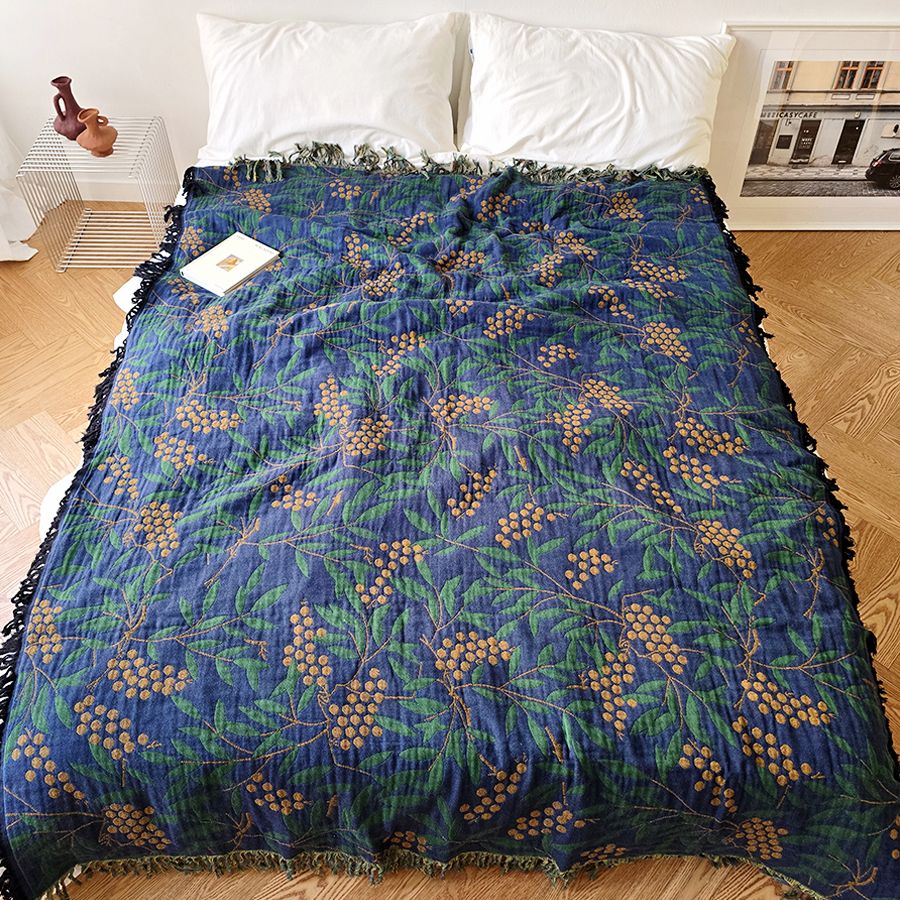 [신상품] 블랑쉬하우스 네이비 열매 술 술 거즈 대형담요 소파커버/여름이블/블랭킷