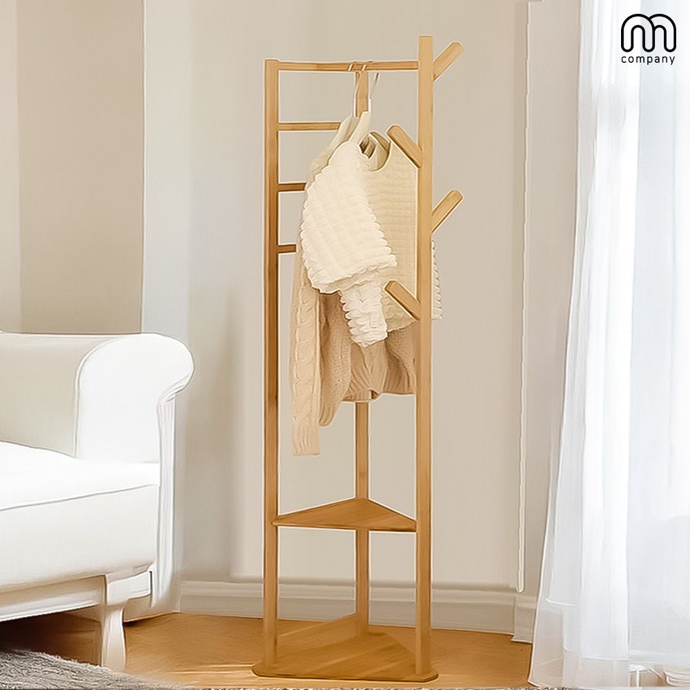 엠컴퍼니 리프 원목 옷걸이 행거 미니 코너 선반 2단 스탠드 드레스룸 원룸 모자 가방걸이 수납