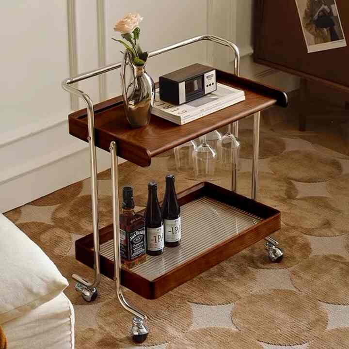 Antique Wood Trolley with Glass Rack