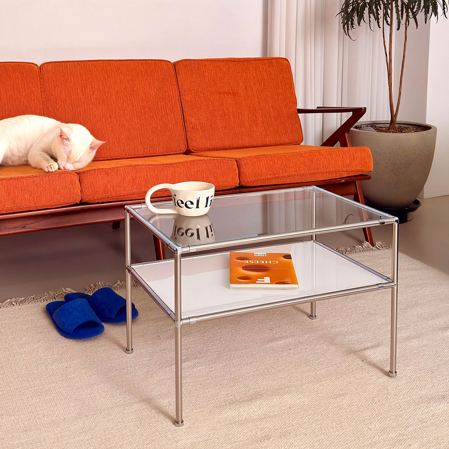 O'gre 2段 モジュール ガラス ローテーブル S 透明 シルバー ガラス 高