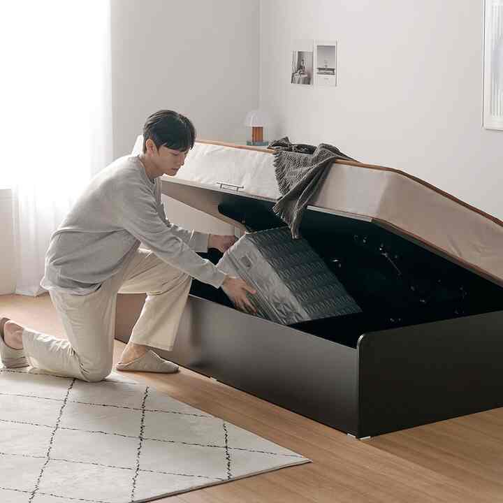 モーション 跳ね上げ式 収納付き ベッドフレーム SS［2色］