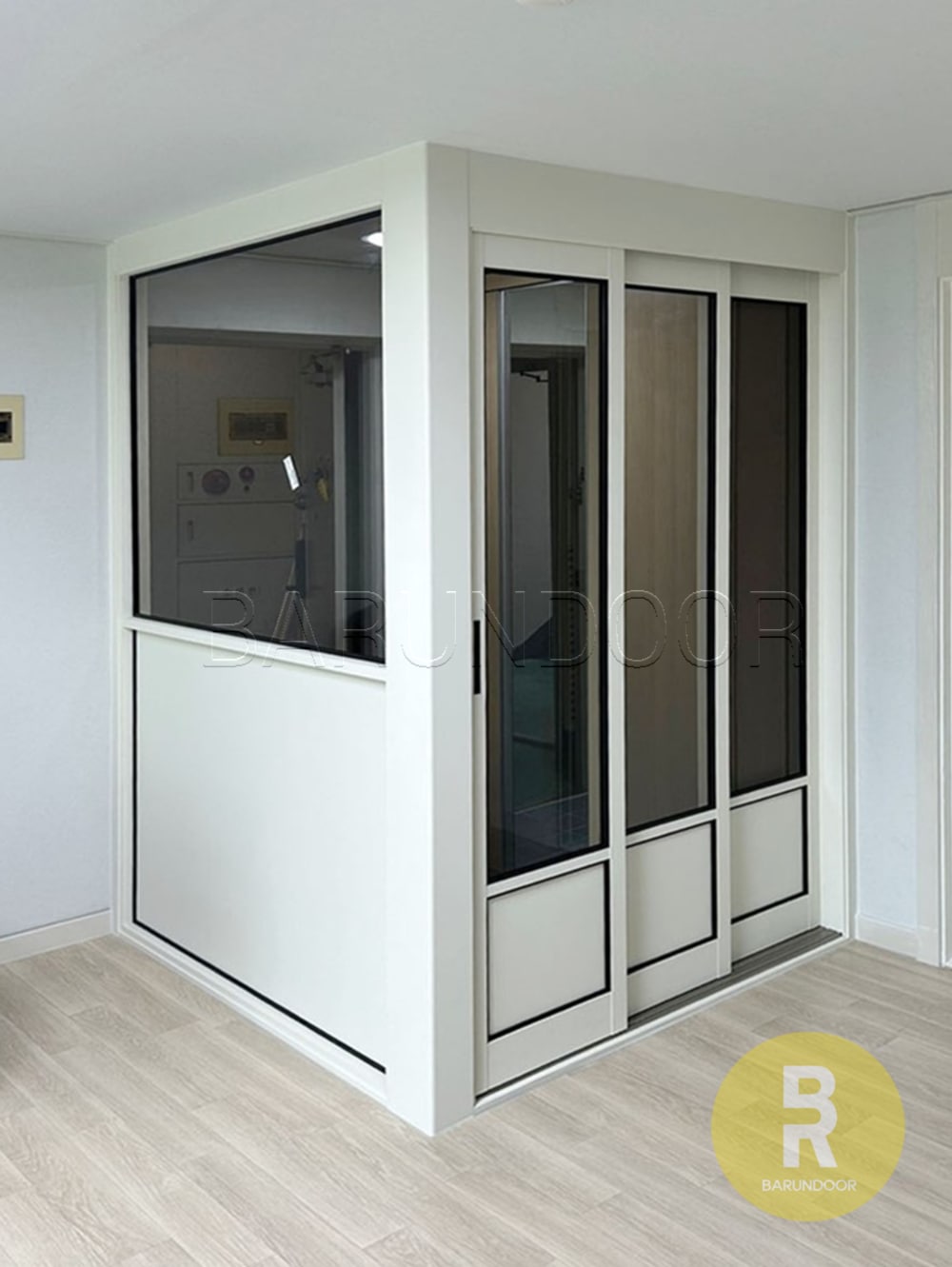 바른도어 ㄱ자중문 파티션 슬림3연동 밀크화이트 브론즈강화유리 