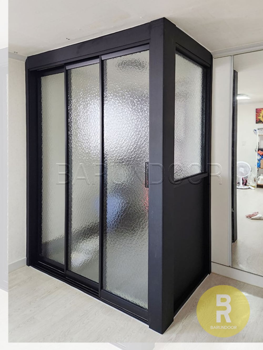 [신상품] 바른도어 ㄱ자중문 파티션 초슬림3연동 블랙 아쿠아강화유리