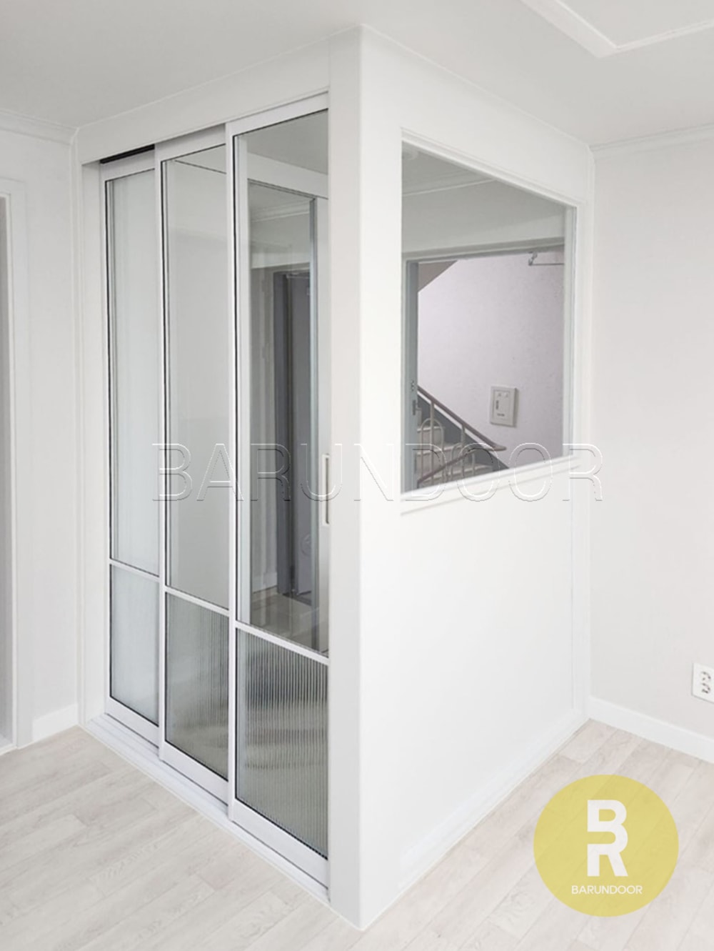 바른도어 ㄱ자중문 파티션 초슬림3연동 화이트 투명+모루세로강화유리 