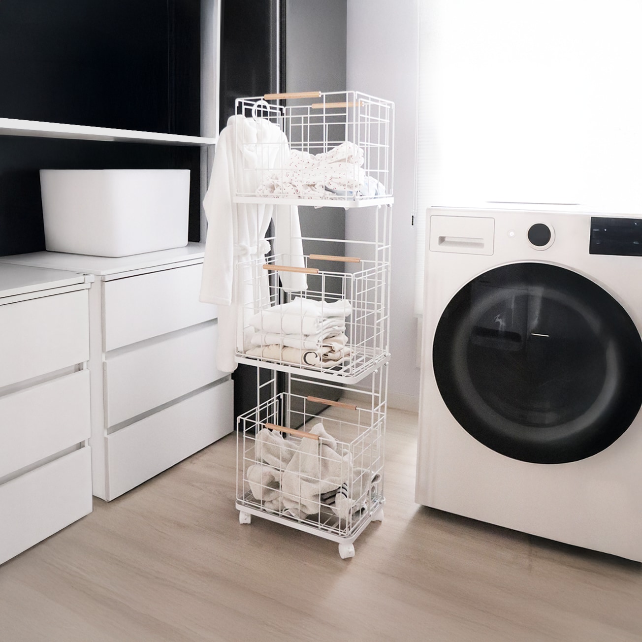 미스터데코 [예약판매] 모던 철제 와이어 이동식 폴딩 3단 빨래바구니 트롤리 카트