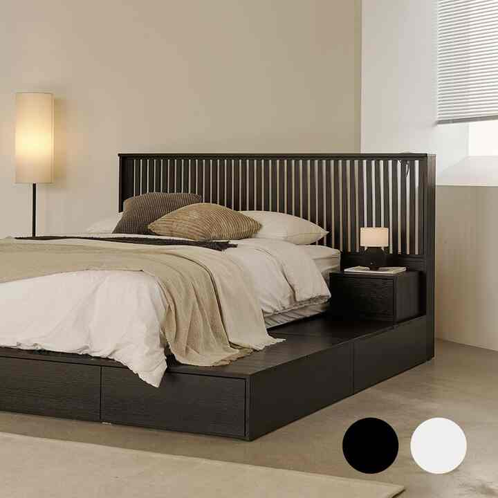 ELENA ブラックウッド 収納付きベッドフレーム［2色・4サイズ］