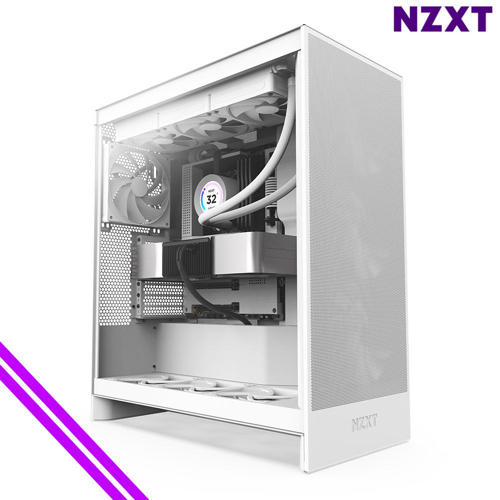 NZXT H7 FLOW 미들타워 ATX 케이스 (매트 화이트) 저소음 고성능 팬 탑재 모던한 디자인