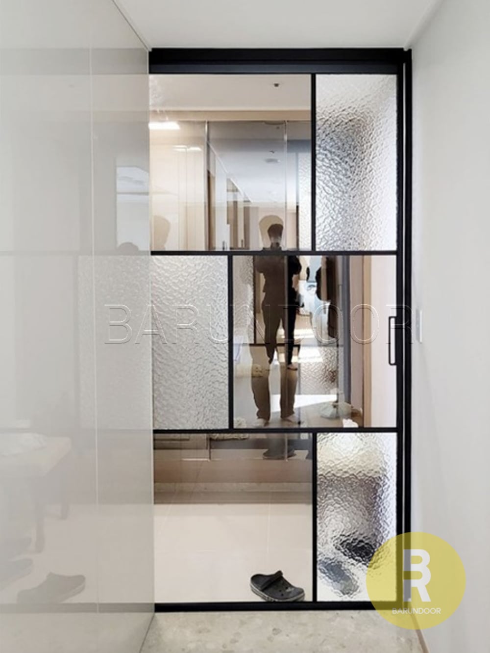 바른도어 원슬라이딩 유리분할형 블랙 브론즈+아쿠아강화유리 