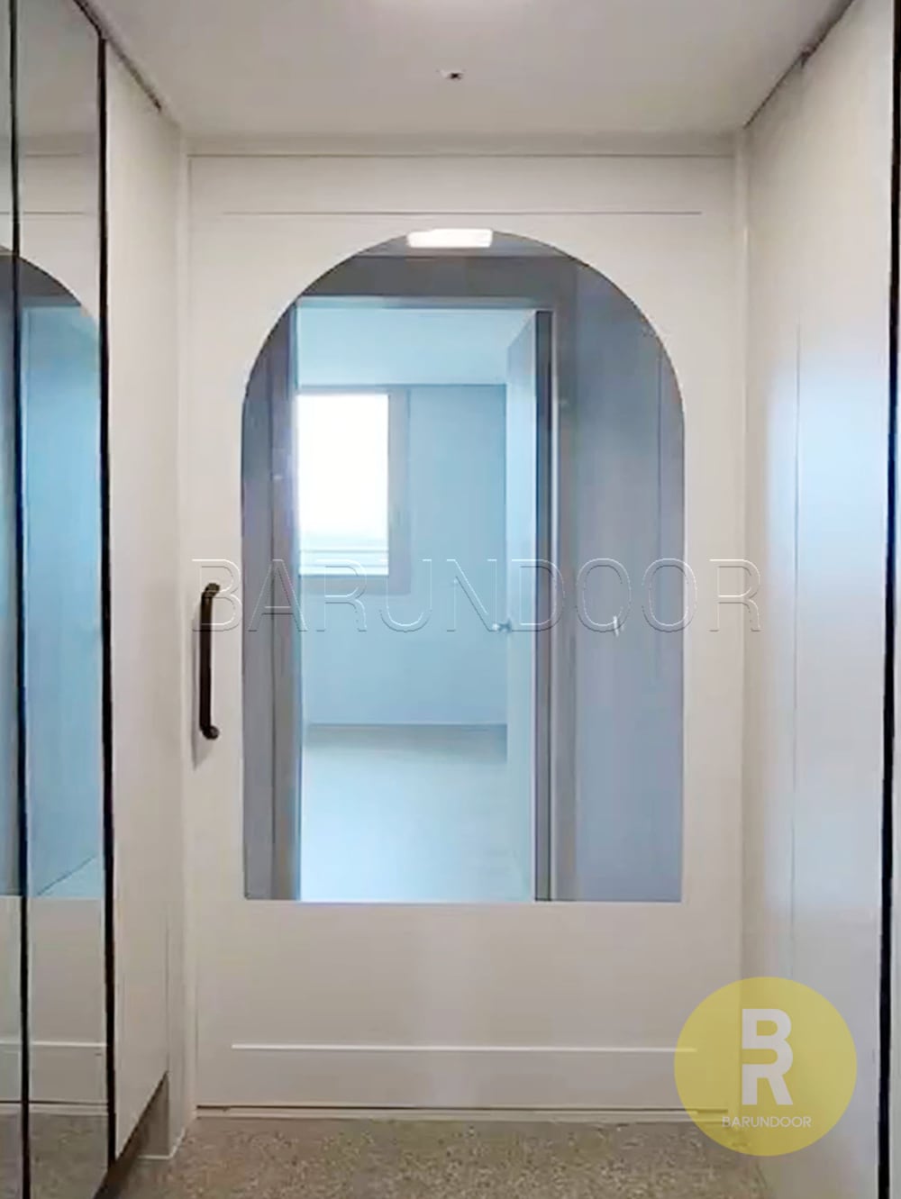 바른도어 원슬라이딩 80바 아치스퀘어형 유백화이트 투명강화유리 